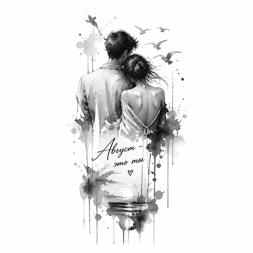 Тату эскиз: Надпись на спине "Август - это ты💔". 