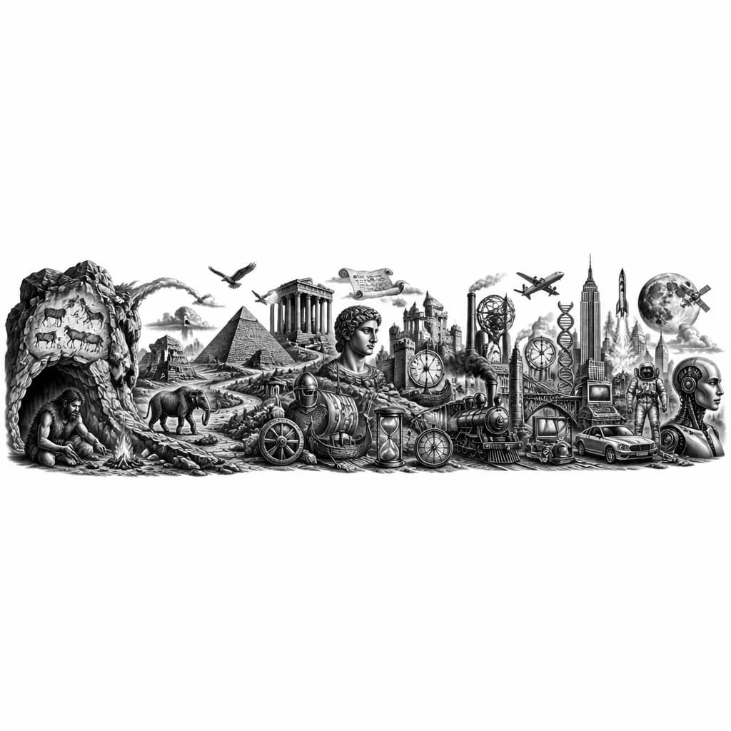 Тату эскиз: История человечества от самого зарождения до настоящего момента. Чтобы от пещерных людей у кисти все поднималось к современности у локтя. Без изоброюееия людей, а только узнаваемые символы эпох, переходящие от одного к другому. Рисунок должен идти снизу вверх
