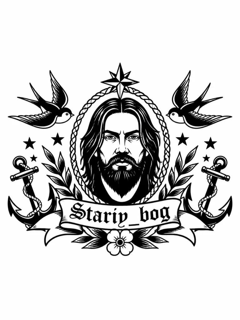 Тату эскиз: создаи мне тату с лицом дота 2 стримера старого бога и с подписью Stariy_bog
