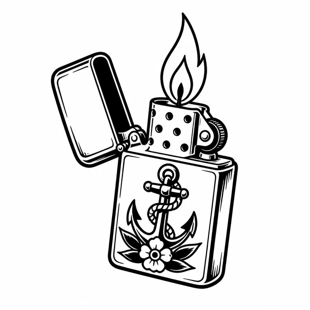 Тату эскиз: Эскиз для татуировки зажженная зажигалка zippo в перспективе с приоткрытой крышкой 