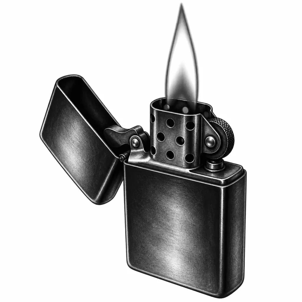 Тату эскиз: Эскиз для татуировки зажженная зажигалка zippo в перспективе с приоткрытой крышкой 