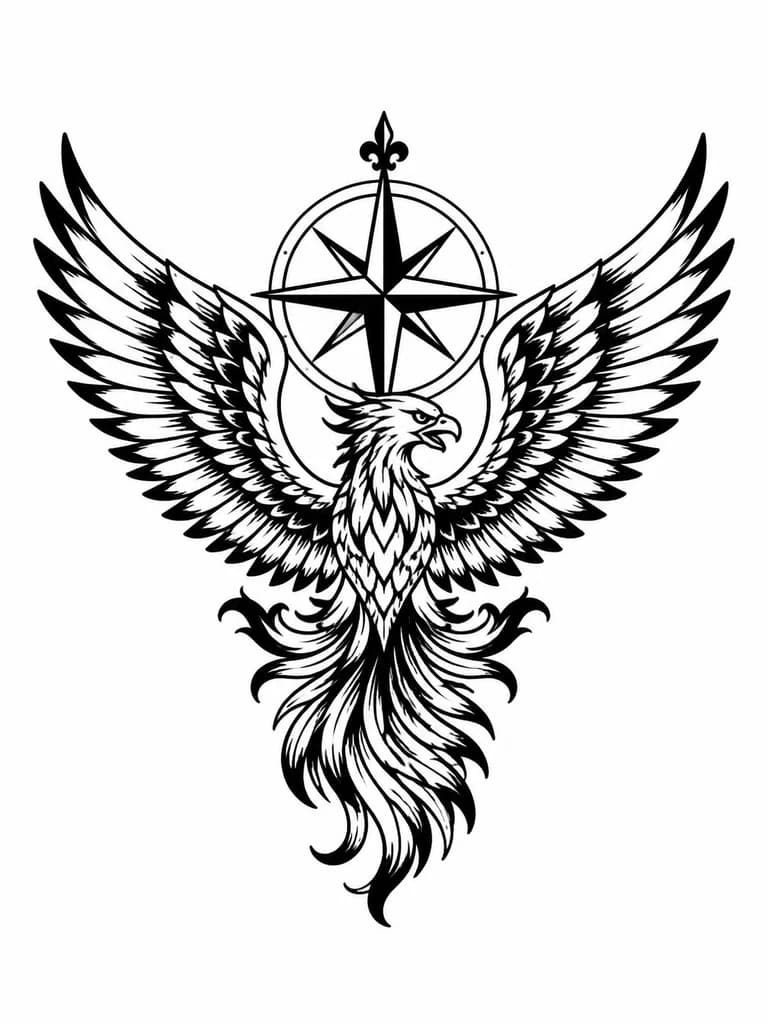 Тату эскиз: Феникс расправленными поднятыми верх крыльями между крыльев находилась роза ветров с пушистым хвостом