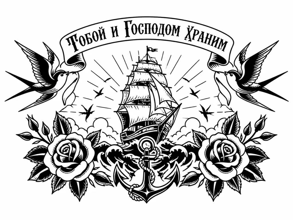 Тату эскиз: Тату на верхней части спины, с надписью тобой и Господом храним