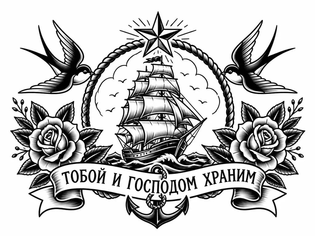 Тату эскиз: Тату на верхней части спины, с надписью тобой и Господом храним