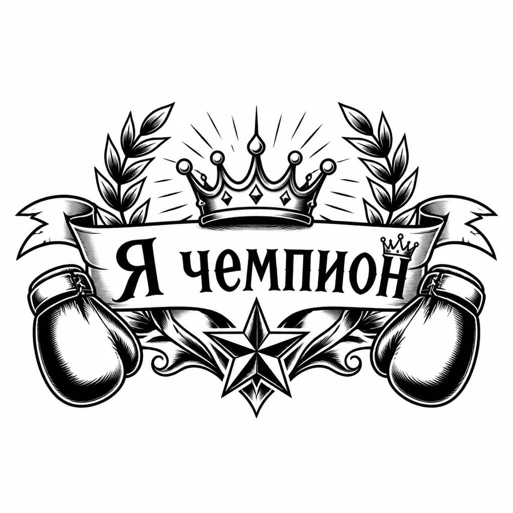 Тату эскиз: Хочу надпись "Я чемпион" и чтобы на конце надписи на букве "н" свисала корона, так же чтобы свисали боксёрские перчатки 