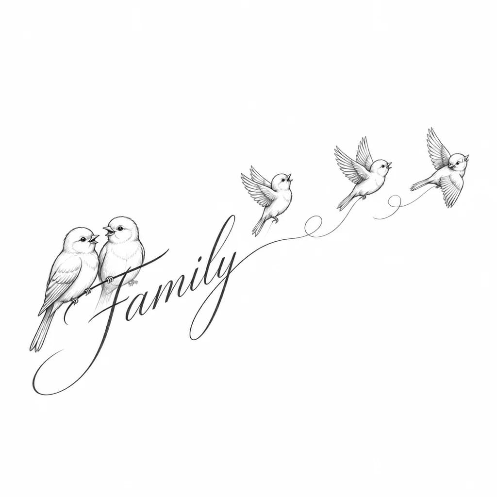 Тату эскиз: Надпись: слово Family выполнено наискось, тонкими, изящными линиями, чтобы создать ощущение лёгкости и динамики.
Птицы: на самом слове сидят две птицы с радостными, дружелюбными выражениями лиц, они смотрят друг на друга, что символизирует гармонию и поддержку в семье.
Птенцы: рядом со словом  от птиц друг за другом улетают три птенца, каждый в своей уникальной позе — один расправил крылья, другой только взлетает, третий оглядывается назад.
между ними тонкая воздушная линия 
Стиль: минимализм