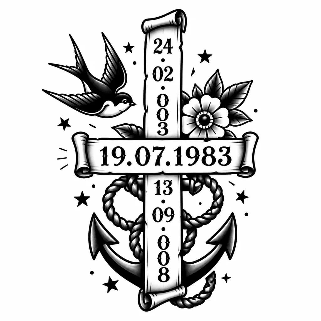 Тату эскиз: расположить даты в формате кроссворда, основная дата 19.07.1983, а от нее даты 24.02.2003 и 13.09.2008
сделай цифры красивым шрифтом