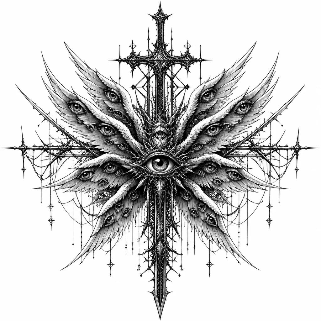 Тату эскиз: A vertical tattoo sketch of a Biblically Accurate Angel (Seraphim) for the rib cage. The design features multiple pairs of feathered wings covered in numerous detailed eyes. A central large eye in the middle. Behind the angel, a tall, ornate gothic dark cross or a sharp sword. Style: Fine line work, dark gothic, cyber-sigilism elements.