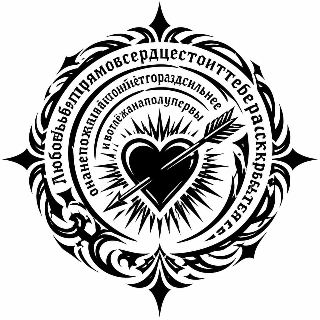 Тату эскиз: Закрученный кругом текст, начинается с верхнего края и закручивается внутрь