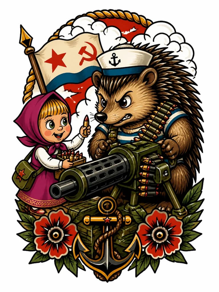Тату эскиз: Маша и Медведь мультяшные персонажи, Медведь с пулеметом стреляет в ежа а маша подает патроны