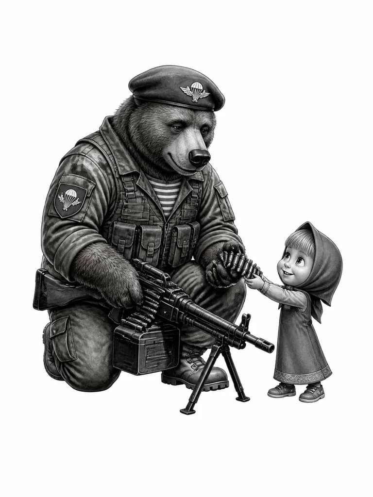 Тату эскиз: Маша и Медведь мультяшные персонажи, Медведь ВДВ с пулеметом стреляет а маша подает патроны