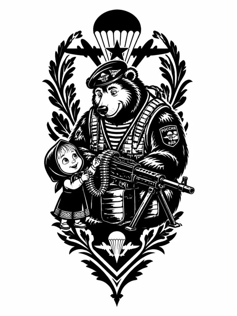 Тату эскиз: Маша и Медведь мультяшные персонажи, Медведь ВДВ с пулеметом стреляет а маша подает патроны