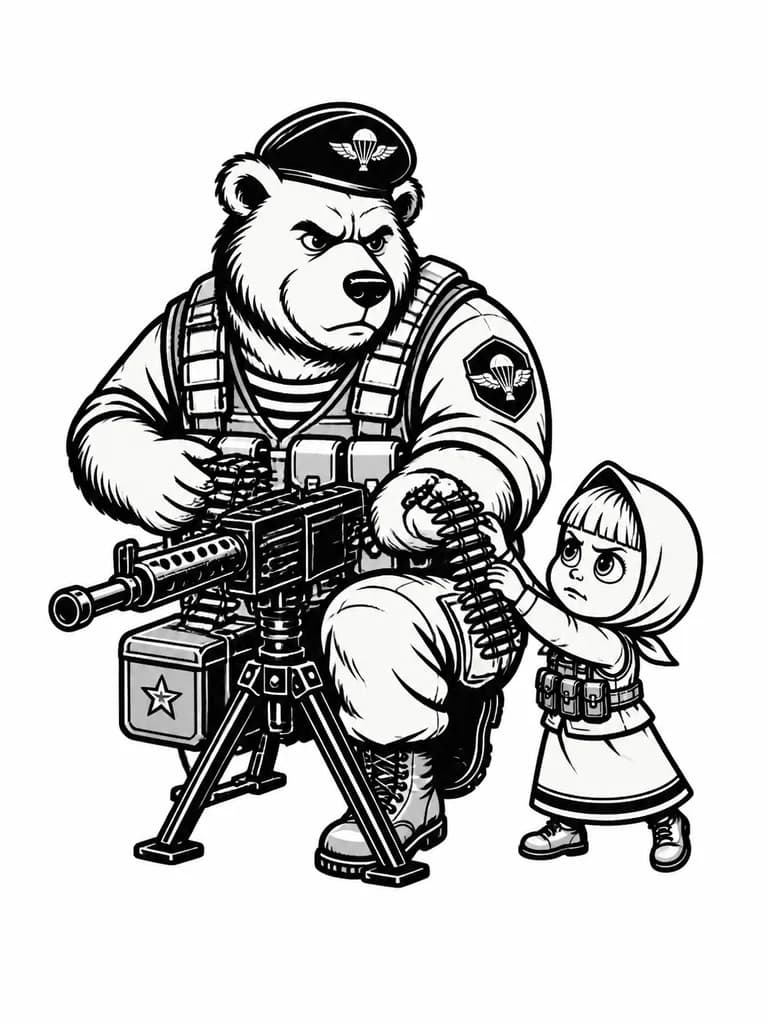 Тату эскиз: Маша и Медведь мультяшные персонажи, Медведь ВДВ с стреляет с пулемета а маша подает патроны, серьезные лица