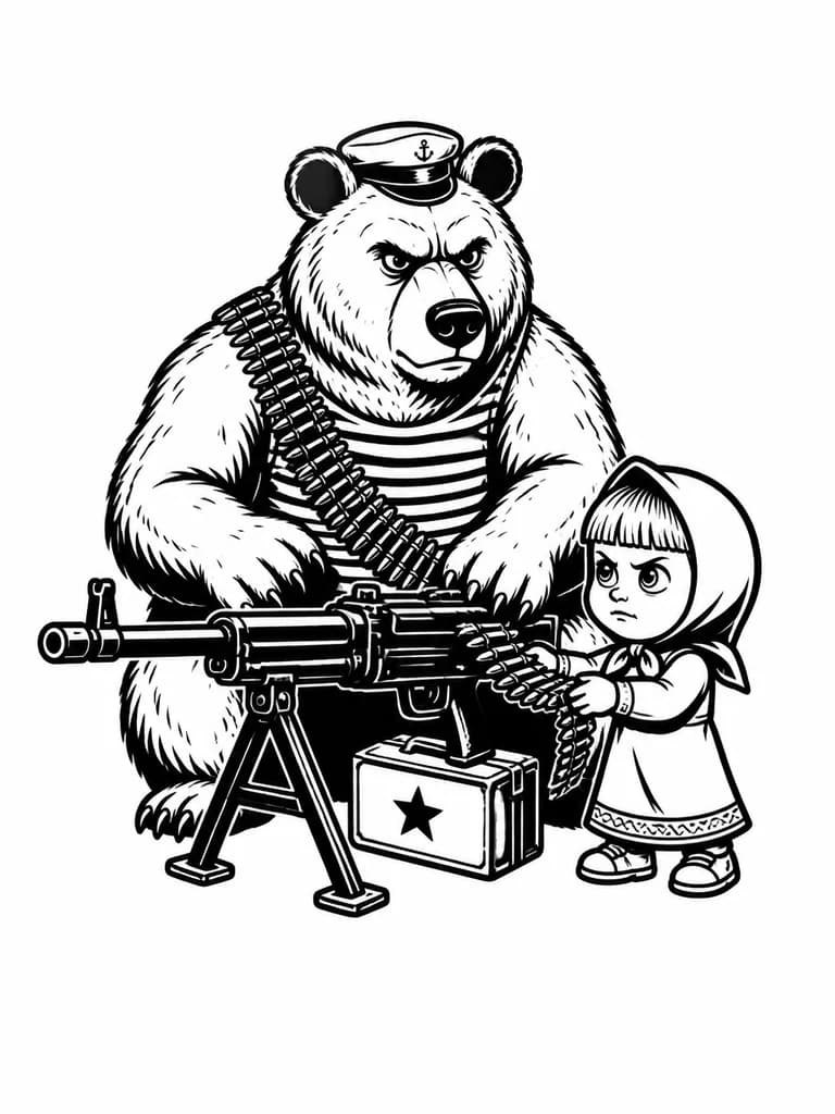 Тату эскиз: Маша и Медведь мультяшные персонажи, Медведь  с стреляет с пулемета пкм а маша подает патроны, серьезные лица