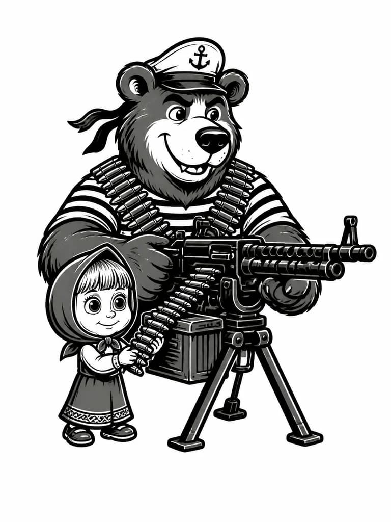 Тату эскиз: Маша и Медведь мультяшные персонажи, Медведь  с стреляет с пулемета пкм а маша подает патроны, серьезные лица с улыбкой на лице