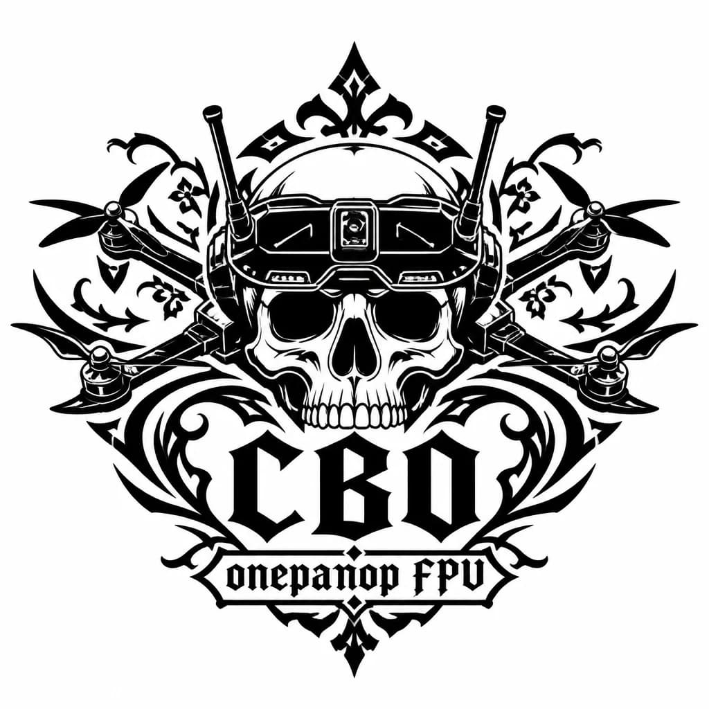 Тату эскиз: Череп с очками FPV сверху надпись СВО с низу надпись оператор FPV