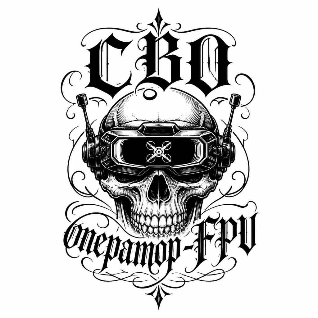 Тату эскиз: Череп в очках FPV сверху надпись СВО 
с низу надпись оператор-FPV
