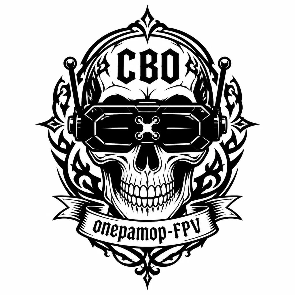 Тату эскиз: Череп в очках FPV сверху надпись СВО 
с низу надпись оператор-FPV