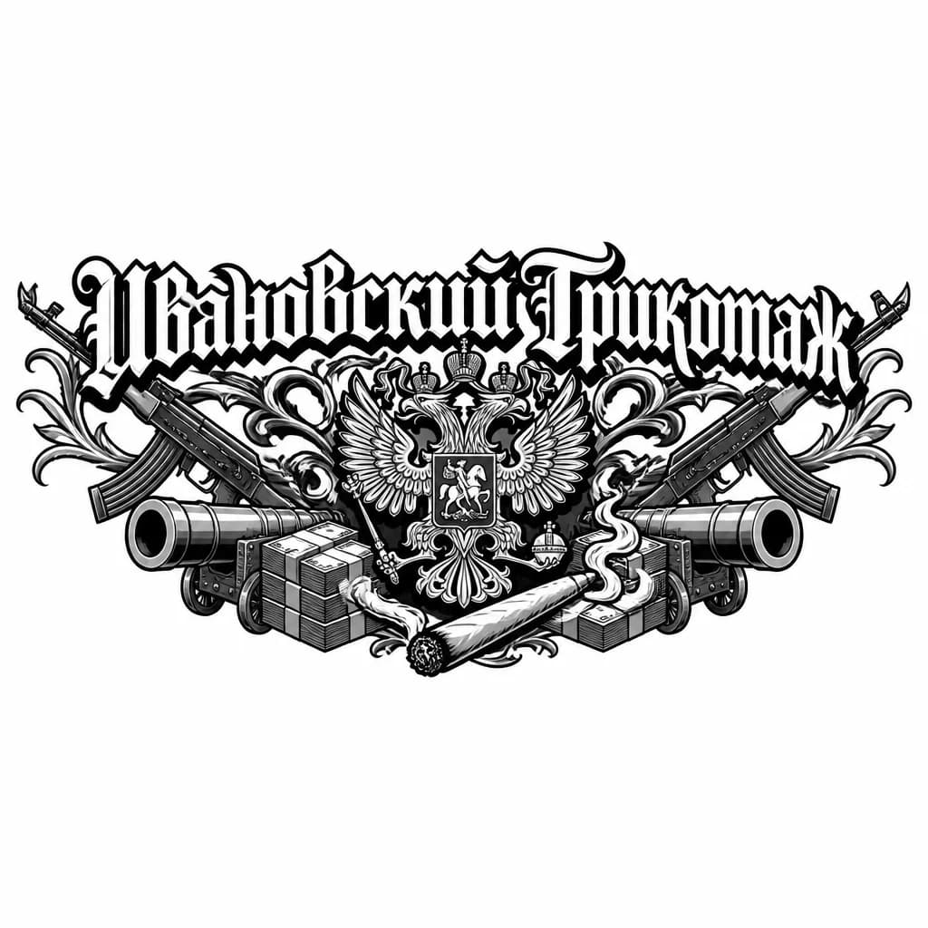 Тату эскиз: Нужна татуировка с указанной надписью во всю грудь, из под надписи должны торчать: держава(как на гербе РФ), пушки, пачки денег, дымящий косяк и пару автоматов калашникова. 