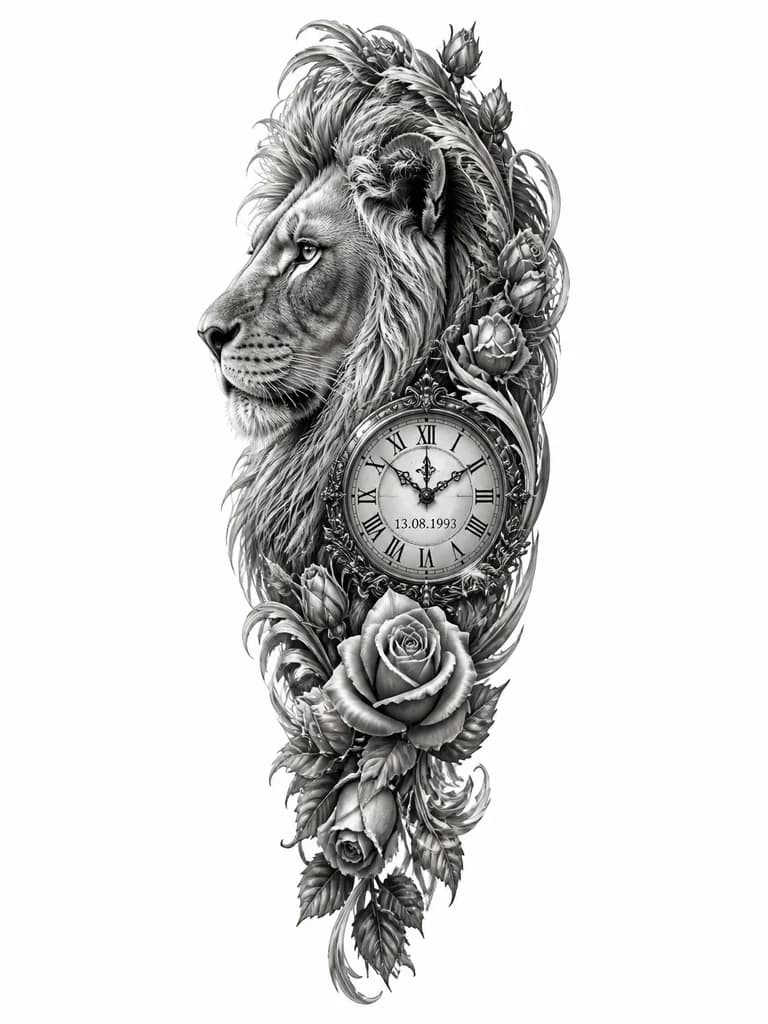 Тату эскиз: Lion head in profile facing left with realistic black and white monochrome style, calm gentle expression. Ornate clock face with Roman numerals and 13.08.1993 integrated into the lion's mane. Detailed rose buds with petals emerging from the mane. High detail realism, fine line work, tattoo flash sheet illustration, white background, high contrast, clean lines
