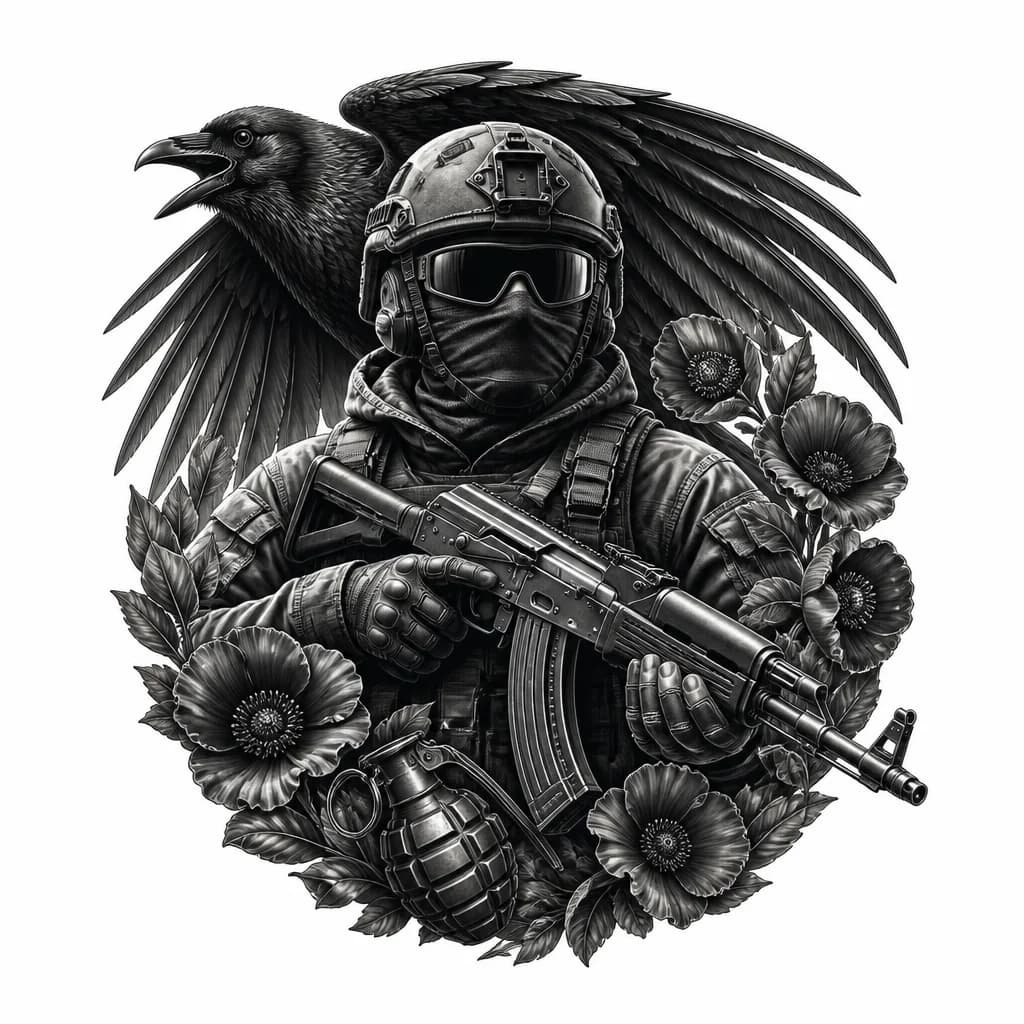 Тату эскиз: военный в каске балаклаве тактические очки с автоматом калашникова  в руках большой ворон с расправленными крыльями граната без цветов 