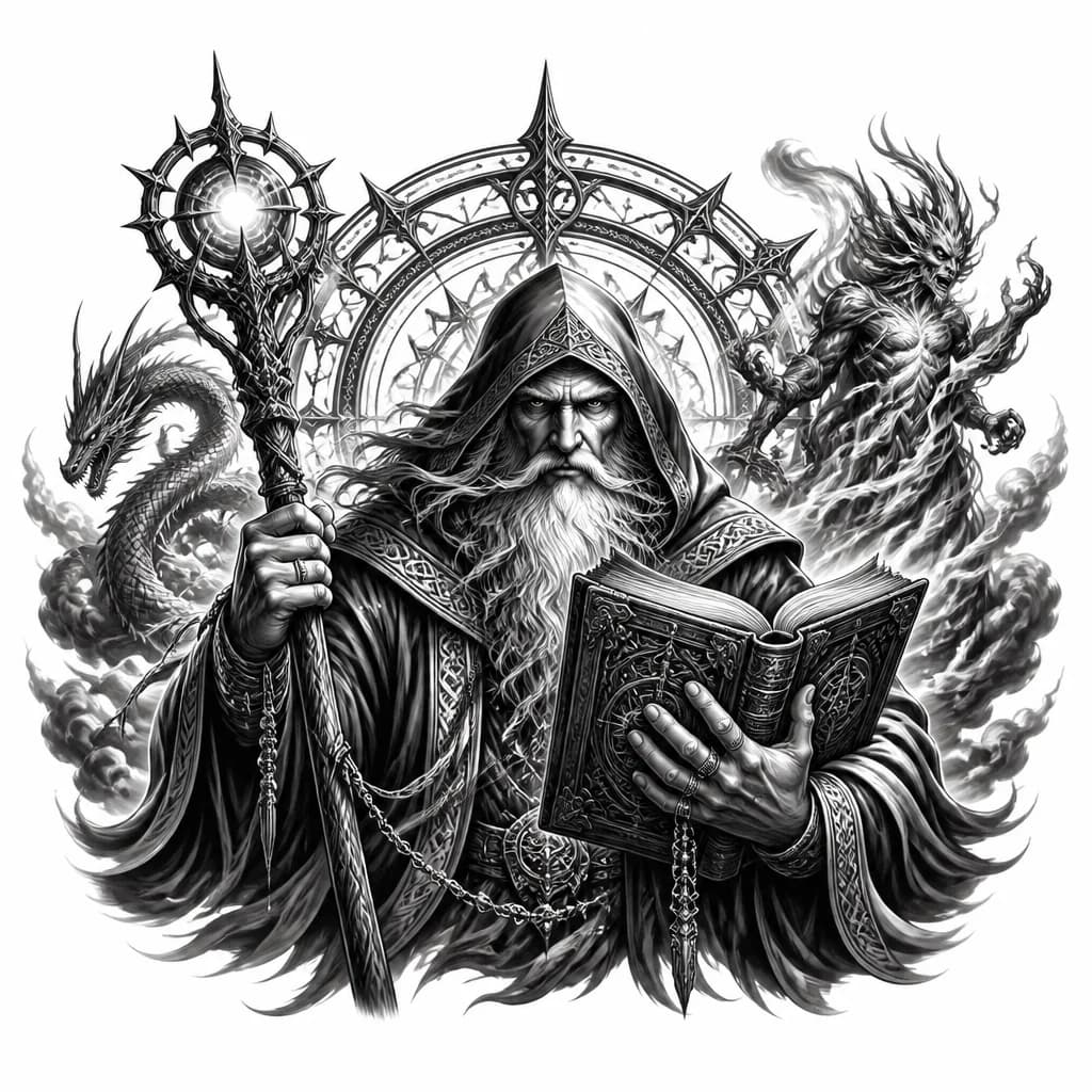 Тату эскиз: Чернокнижник с книгой и посохом 