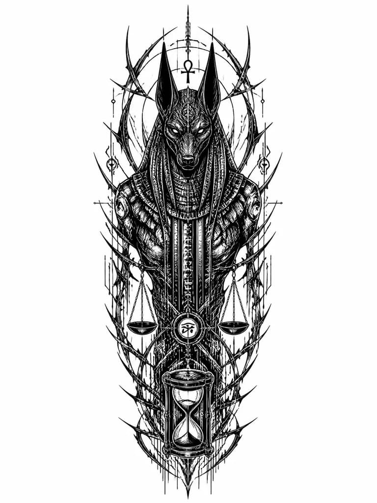 Тату эскиз: Анубис на всё предплечье вертикально, руны, весы, снизу песочные часы