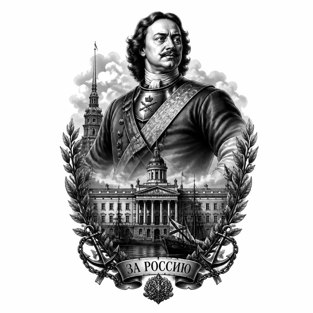 Тату эскиз: Военный , храм , петр первый
