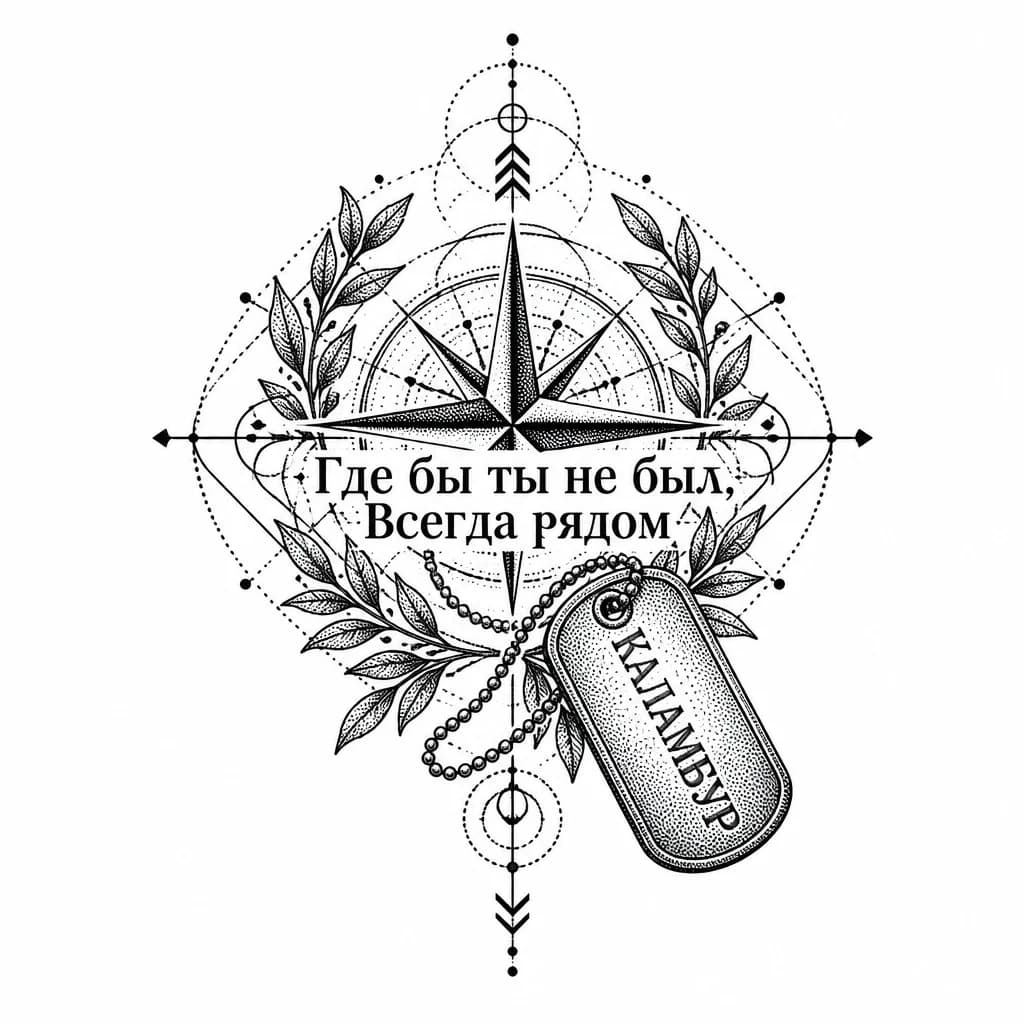 Тату эскиз: Надпись 
Где бы ты не был, 
       Всегда рядом 
И рядом с надписью военный жетон , внутри которого написано КАЛАМБУР