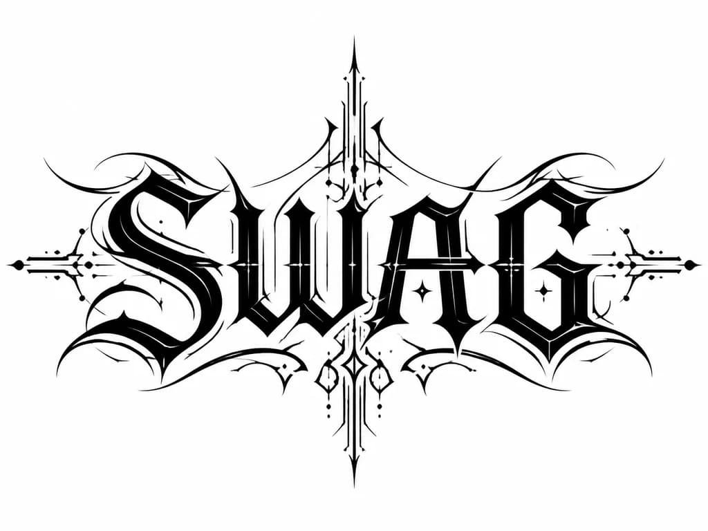Тату эскиз: Слово swag на лобке с узорами в стиле Киберсигилизм 