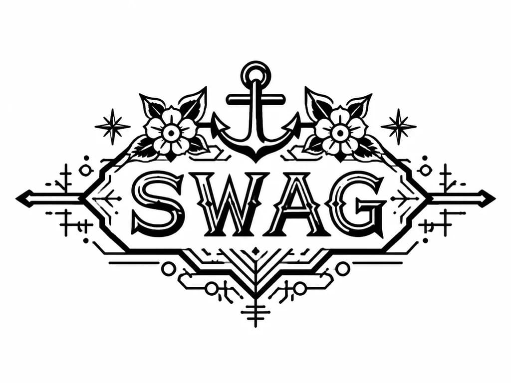 Тату эскиз: Слово swag на лобке с узорами в стиле Киберсигилизм 