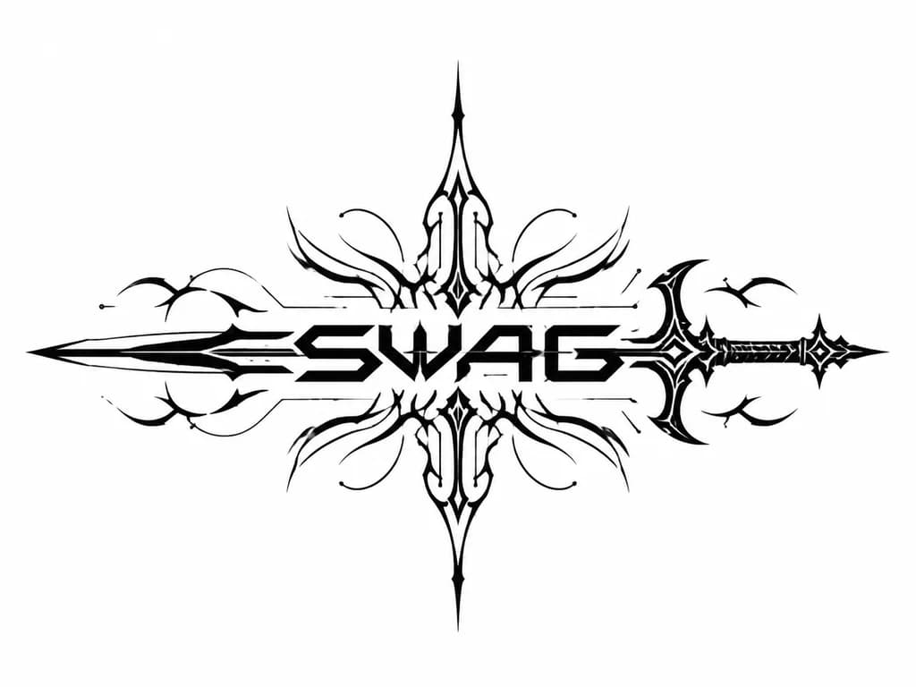 Тату эскиз: Слово SWAG, которое горизонтально пронзает меч, по бокам и вверх идут узоры, узоры более плавные, без лишних деталей, с небольшими закруглениями 
