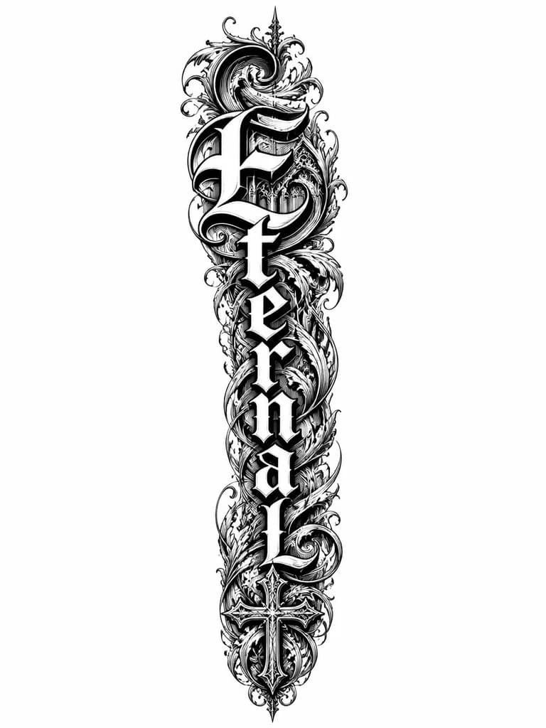 Тату эскиз: Надпись Eternal Desire латтеринг каллиграфия с характерными завитушками от плеча до кисти