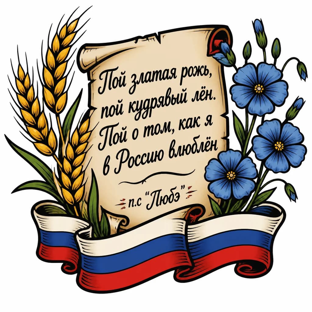 Тату эскиз: Понял вашу идею для татуировки! Вот как я представляю её оформление:

---

Татуировка:

Текст:

Пой златая рожь, пой кудрявый лён
Пой о том, как я в Россию влюблён

… p.s Любэ.


Ниже текста — контур флага России, аккуратно выполненный, чтобы не отвлекал от надписи.

---

Если хотите, могу помочь с визуализацией эскиза или рекомендациями по стилю шрифта и расположению.  
Например, шрифт можно выбрать рукописный, если хотите передать теплоту и личное послание. 