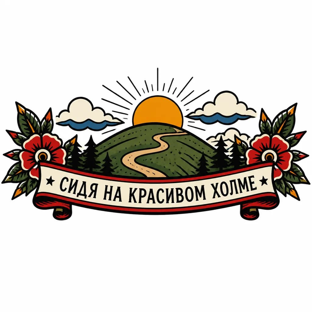 Тату эскиз: Тату на руке и олдскул стиле.  Холм, солнце и напись по русски :" Сидя на красивом холме"