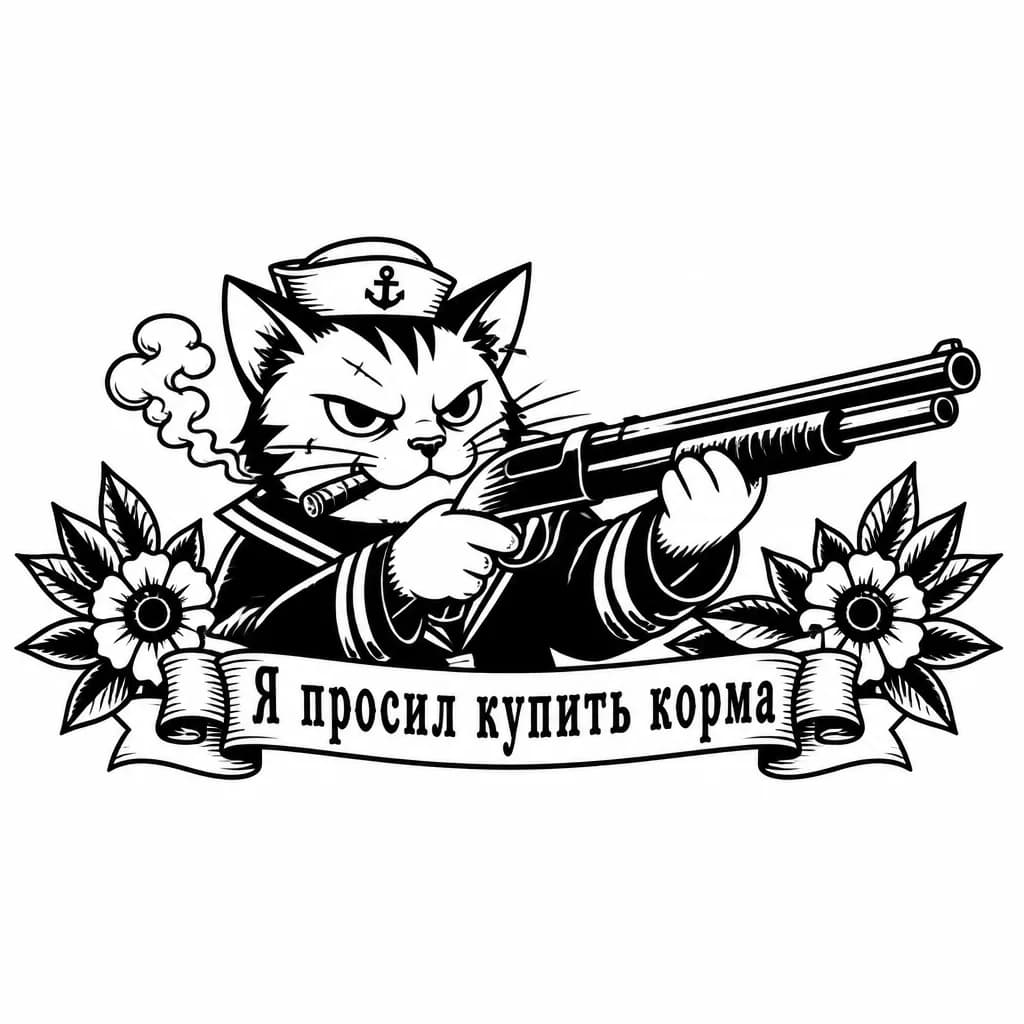 Тату эскиз: тату в стиле аниме кота  который направляет дуло дробовика в сторону от себя с сигарой в зубах
тату чб текст под котом