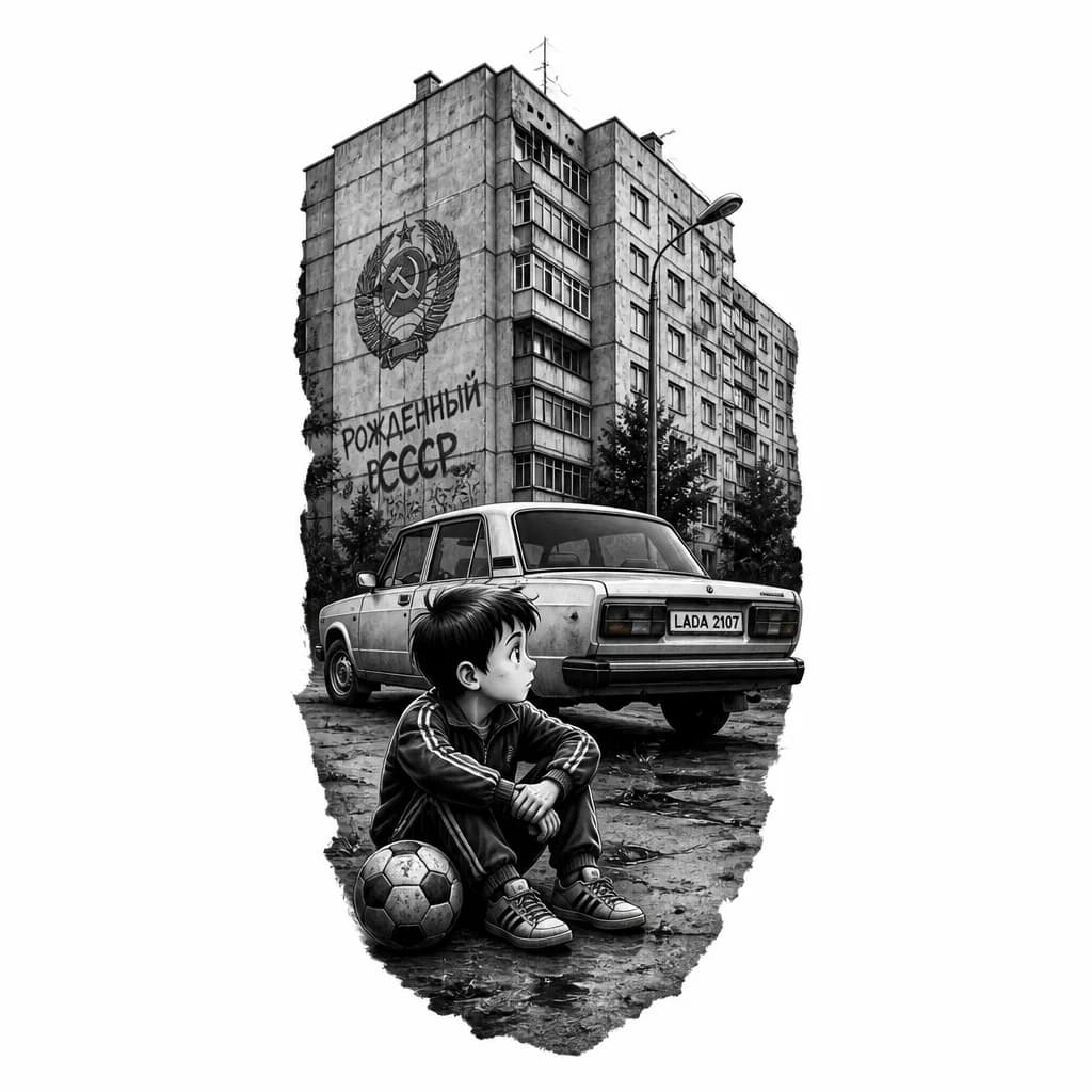 Тату эскиз: Старый советский дом, машина семерка и парень из мультика сидит на кортах