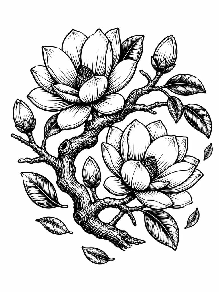 Тату эскиз: 
black lineart tattoo design, realistic woodcut style, magnolia branches with rough bark and knots, two large magnolia flowers (6–7 petals each, 4–5 cm in diameter) and several buds, some oval magnolia leaves attached to branches, a few falling leaves drifting separately, composition placed on outer shoulder and curving up to collarbone, total length 20 cm, black