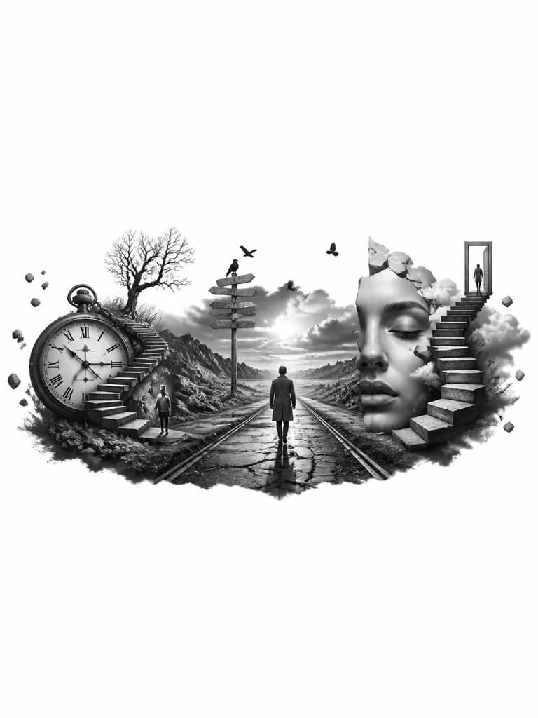 Тату эскиз: Наша жизнь это дорога, длинная дорога. Она может быть прямой и легкой, а может быть извилистой и трудной. Самое главное иметь в себе свой внутренний стержень и идти всегда вперед по дороге жизни несмотря на все преграды и невзгоды которые могут возникать на пути.
