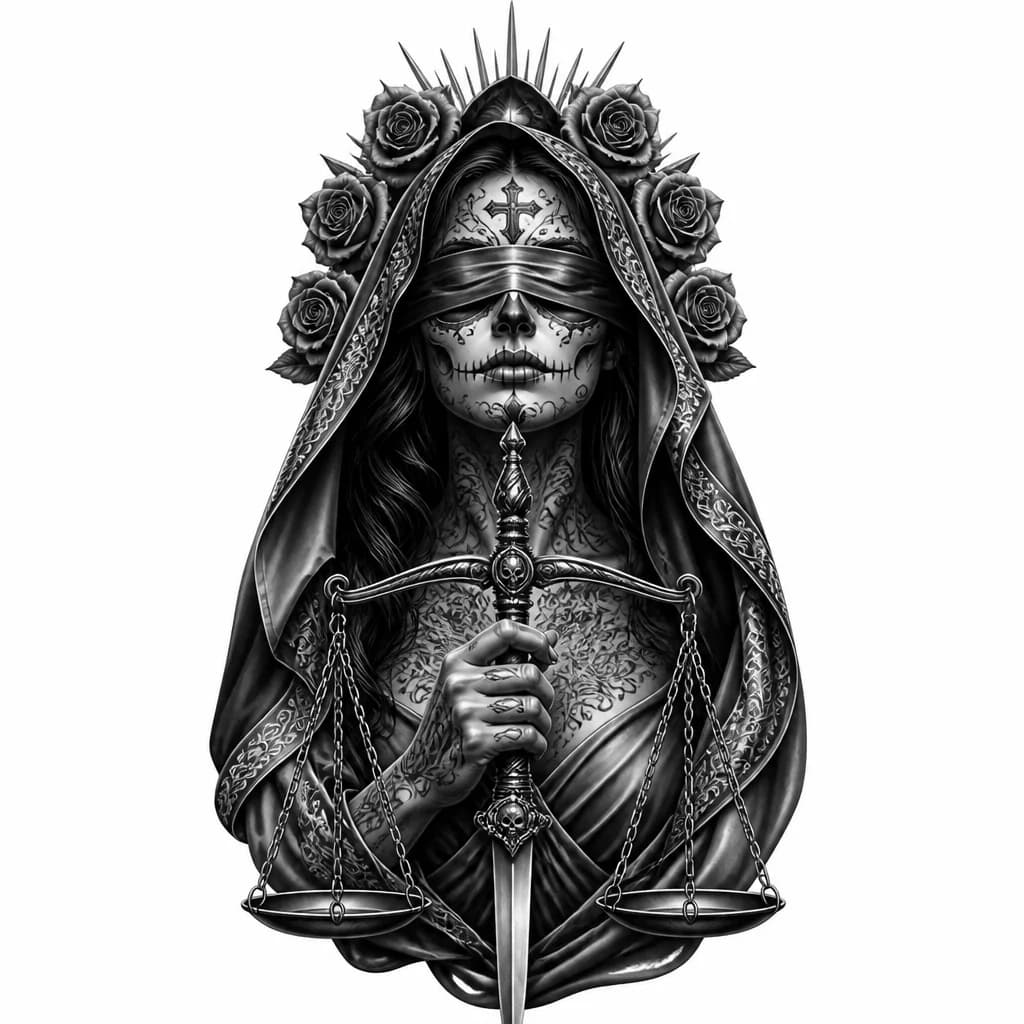 Тату эскиз: Черно-белая Катрина Мексика с весами и повязкой на глаза как Фемида, подсматривает сквозь повязку.