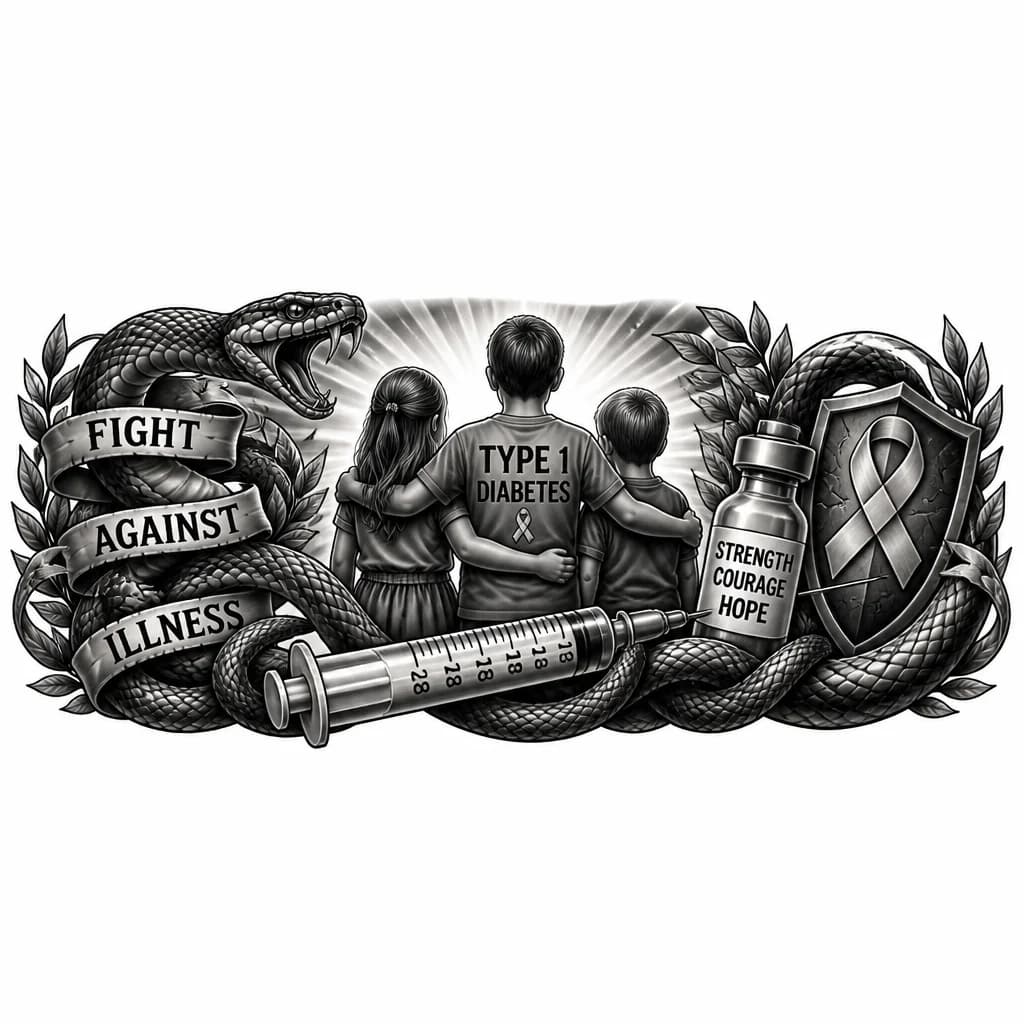 Тату эскиз: Неизлечимая болезнь, диабет 1 типа, шприц, змея, борьба с болезнью , трое детей