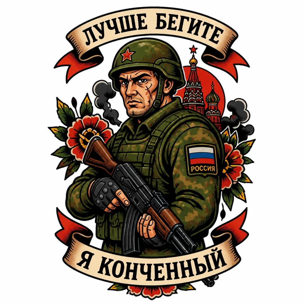 Тату эскиз: На задней части предплечье, военный российской армии с надписью лучше бегите я конченный
