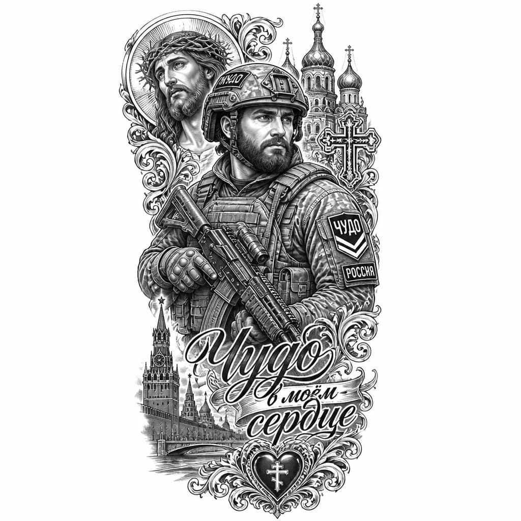 российский военный с красивыми чертами лица, с бородой, похож на хоккеиста Радулова,с автоматом АК12 в руках, в бронежилете, в шлеме, с шевроном ЧУДО, россий