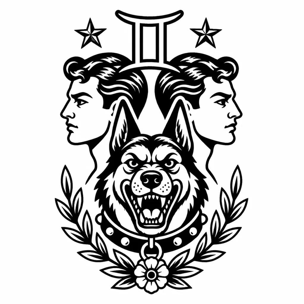 Тату эскиз: Нарисуй экскиз татуировки знак зодиака близнец собаки злые овчарка в формате олд скул