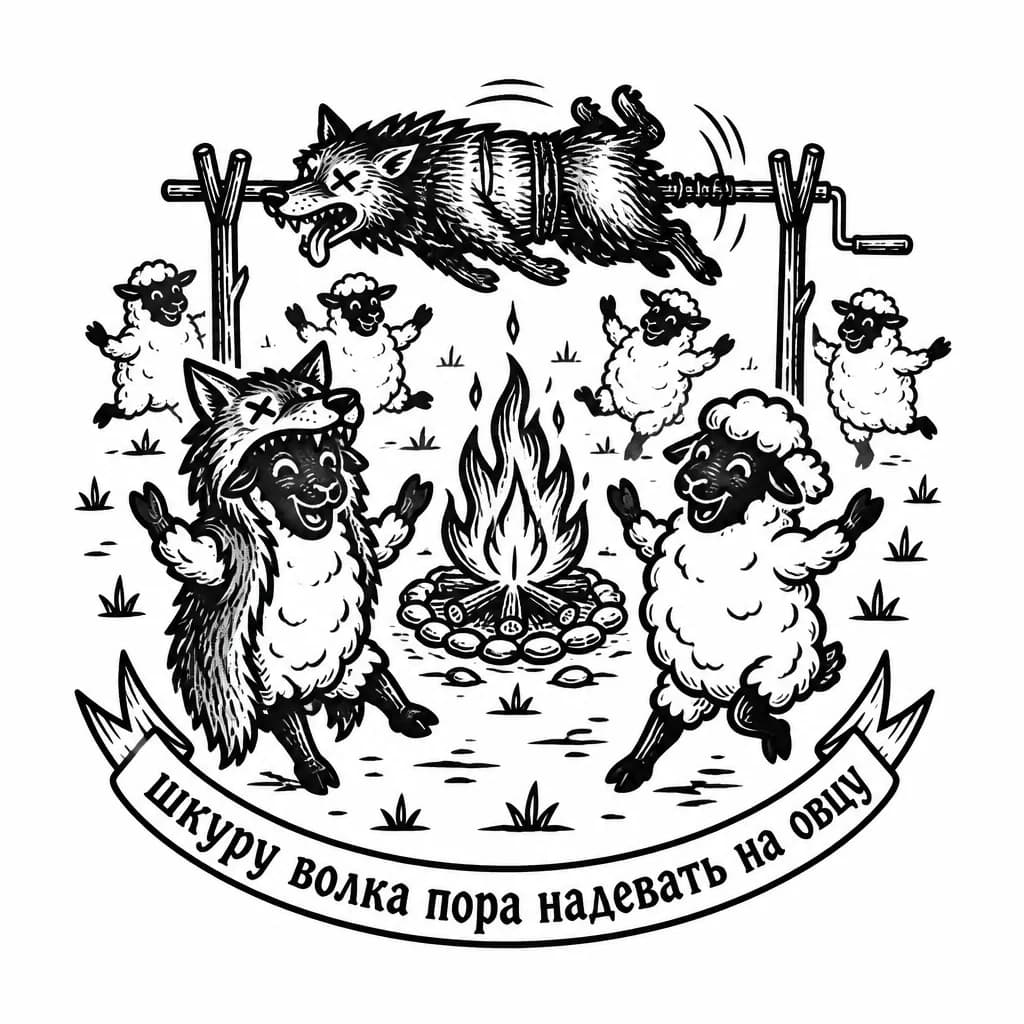 Вокруг костра танцуют овцы. Они должны быть вокруг костра,  тоесть некоторые овцы должны быть на втором плане. Они веселятся и рады.  На одной из них надета целая шкура волка. Над костром установлен вертел с волком без шкуры. Волк мертв и крутится на вертеле.  Татуировка должны быть как бы круглой т.к. возможна доработка в будущем в виде окантовки в виде лавровых веток или чего-то подобного. Снизу надпись: шкуру волка пора надевать на овцу. Тату будет на ноге бедре 