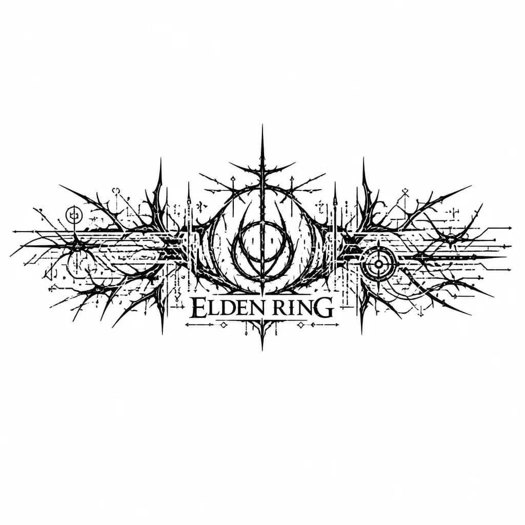 Тату эскиз: Тату на предплечье ,логотип Elden ring и добавить деталей в стиле киберсигилизм и другие