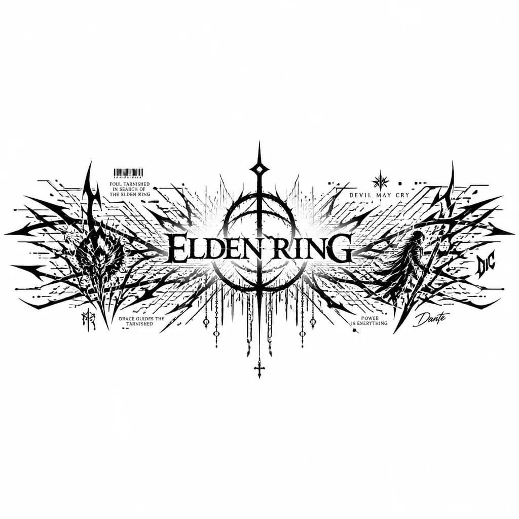 Тату эскиз: Тату на предплечье ,логотип Elden ring и добавить деталей ,без леттеринга + добавить отсылки на devil may cry