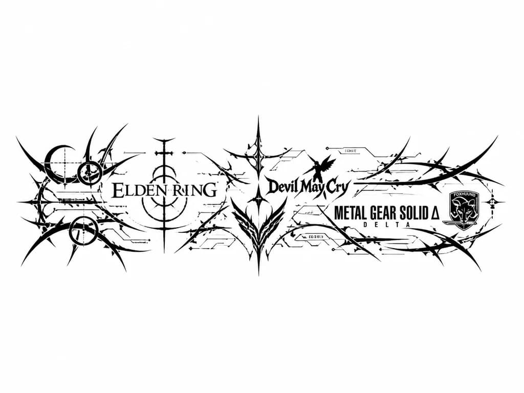 Тату эскиз: логотип Elden ring , добавить различных деталей деталей, + добавить  devil may cry,логодит  metal gear solid delta,сделать все без названий,меньше плотность