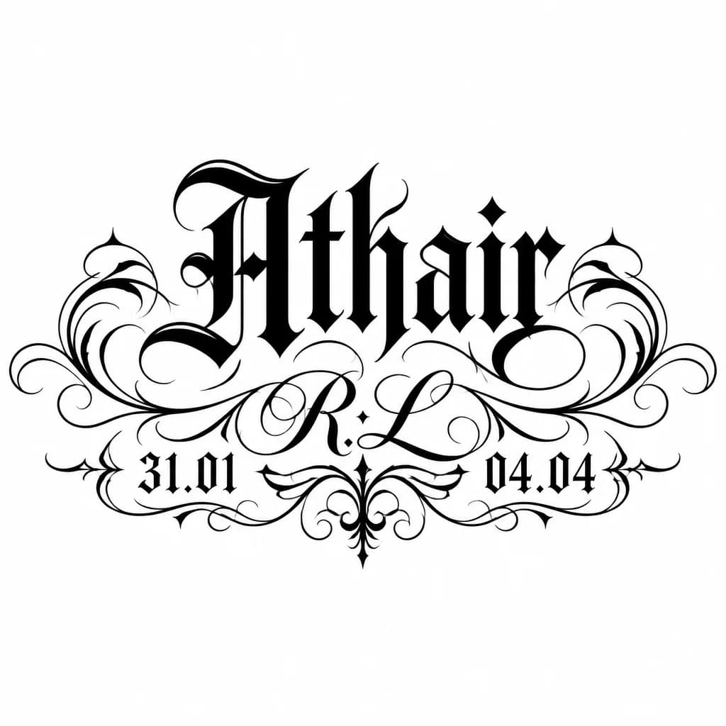 Тату эскиз: Буквы Р.Л. цифры 31.01 и 04.04, ниже слово Athair