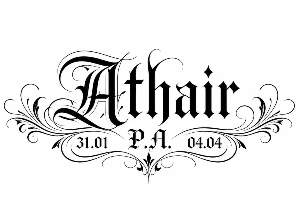 Тату эскиз: Буквы Р.Л. цифры 31.01 и 04.04, ниже слово Athair